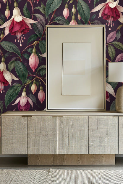 Bedroom with vaulted ceiling featuring Fuchsia Garland Wallpaper behind the bed