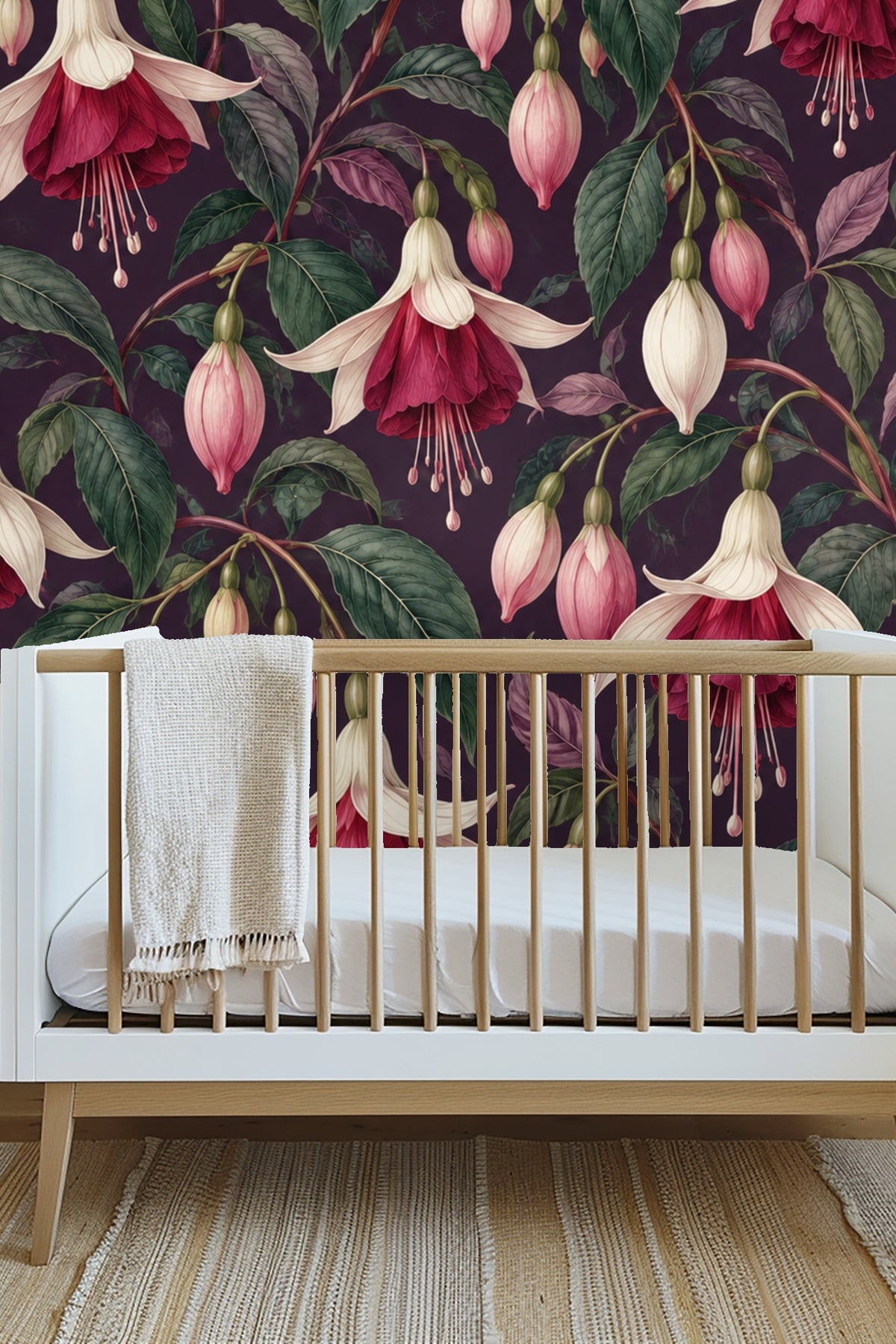 Plum background wallpaper showing soft folds of fuchsia flowers and leaves