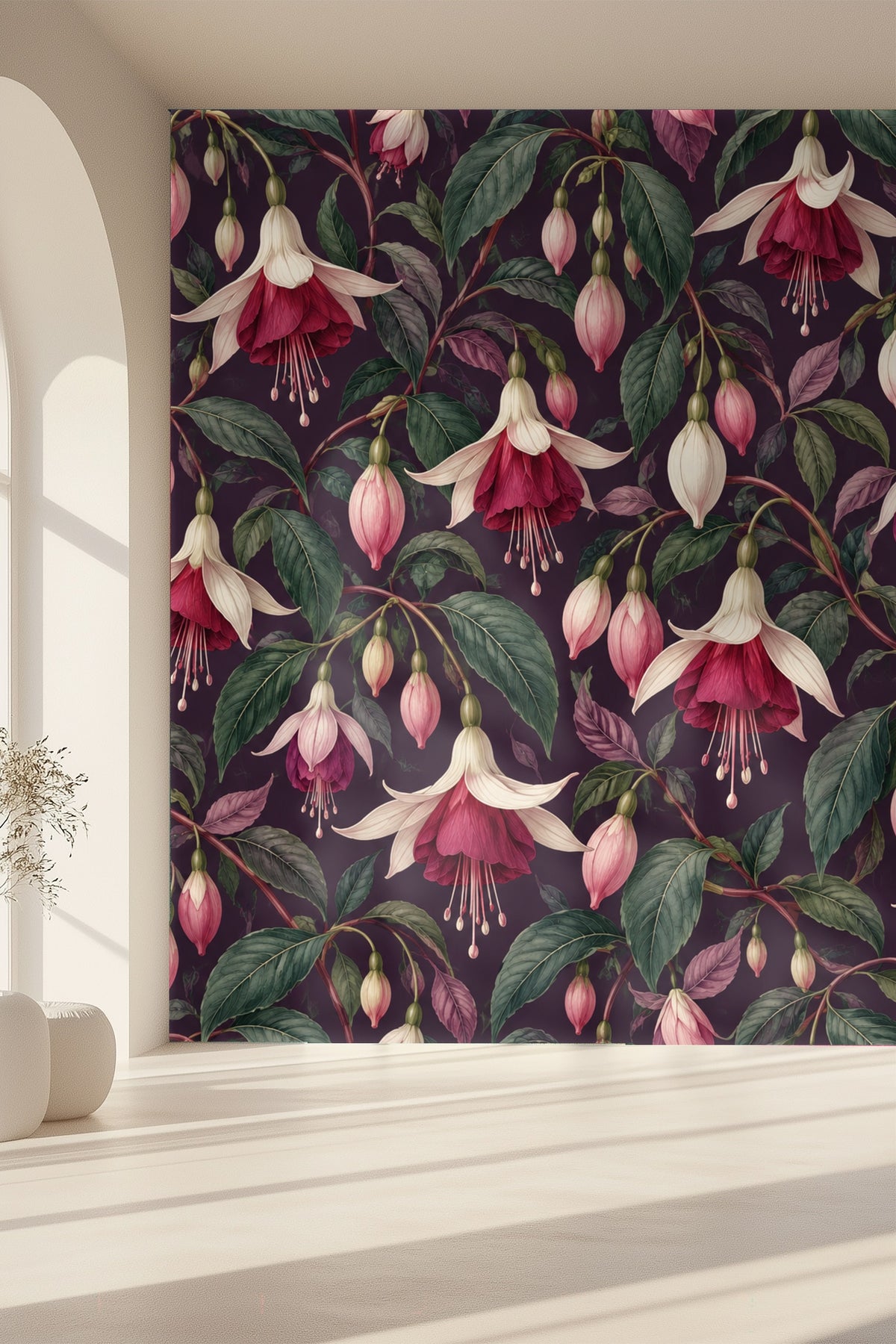Large fuchsia blossoms hanging downward with visible stamens and petals
