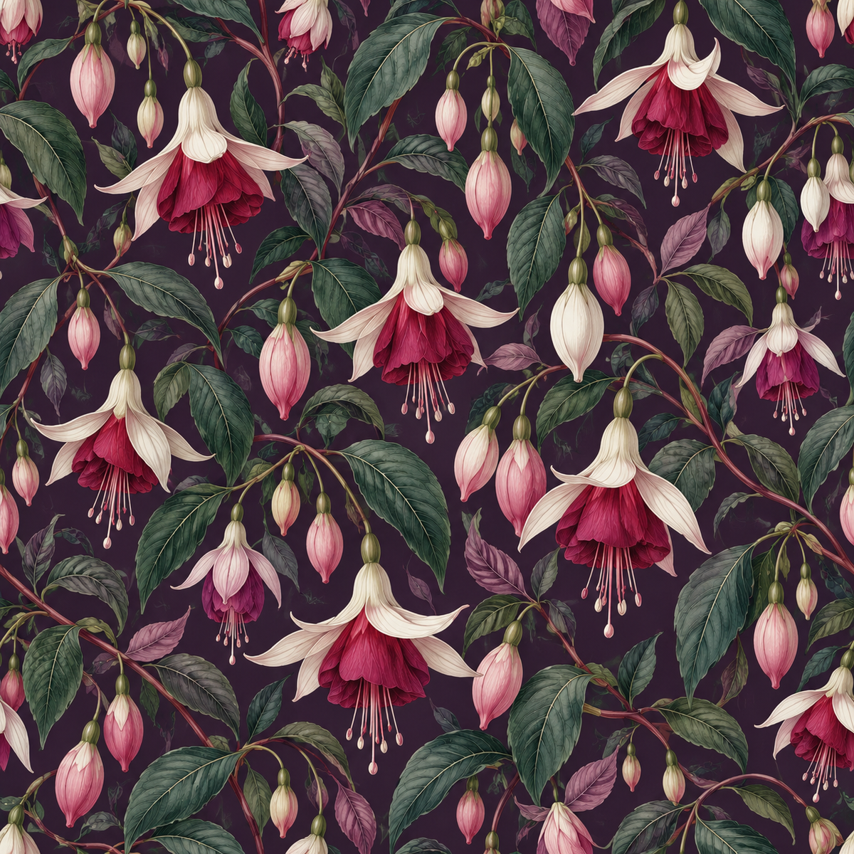 Elegant botanical wallpaper with deep plum, pink, and green tones in a room gallery