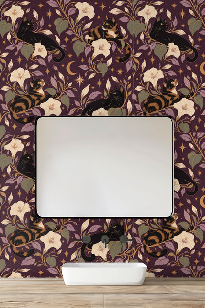 Midnight Blooms & Feline Grace wallpaper shown in an interior setting