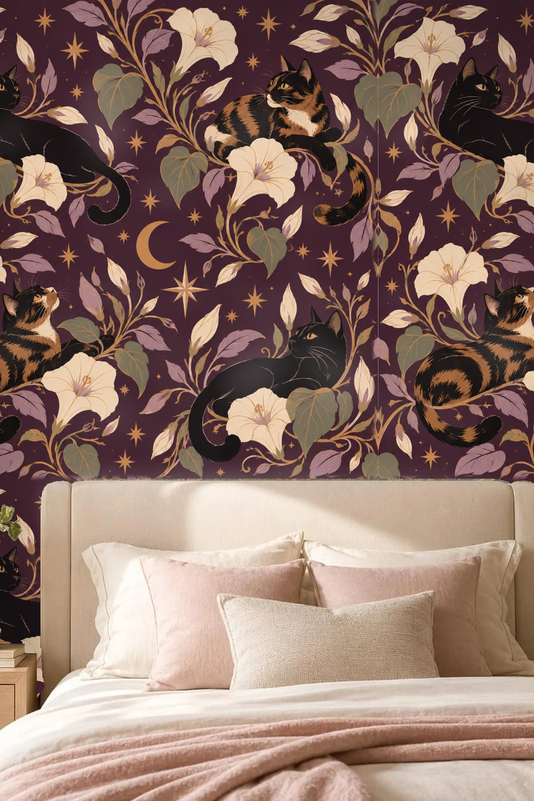 Midnight Blooms & Feline Grace wallpaper shown in an interior setting