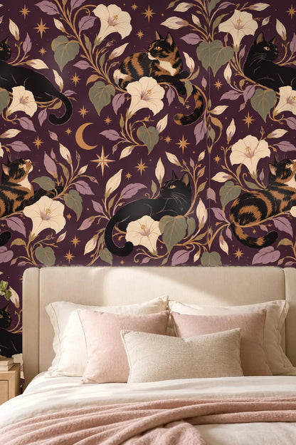 Midnight Blooms & Feline Grace wallpaper shown in an interior setting
