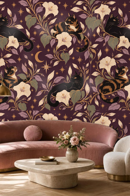 Wallpaper artwork showing resting black and tabby cats entwined with morning glory vines on plum background.