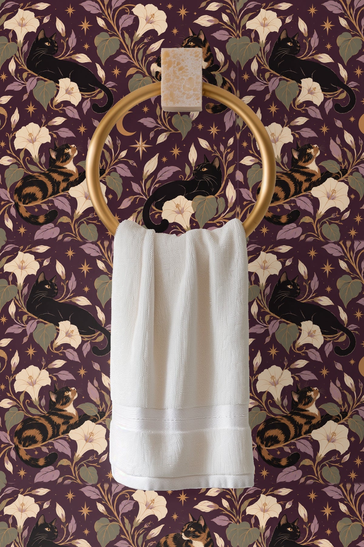 Midnight Blooms & Feline Grace wallpaper shown in an interior setting