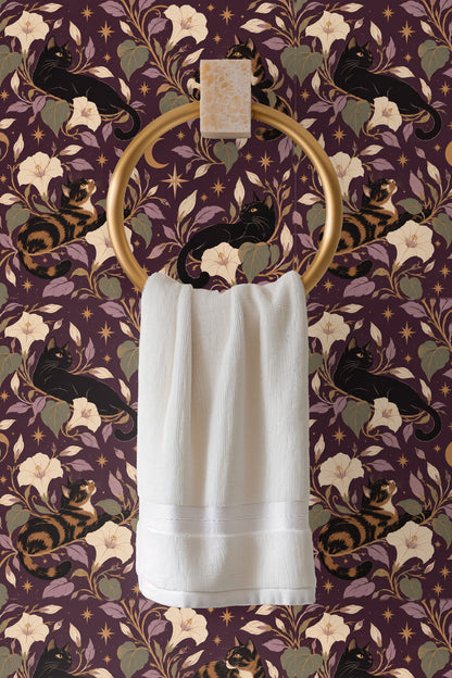 Midnight Blooms & Feline Grace wallpaper shown in an interior setting