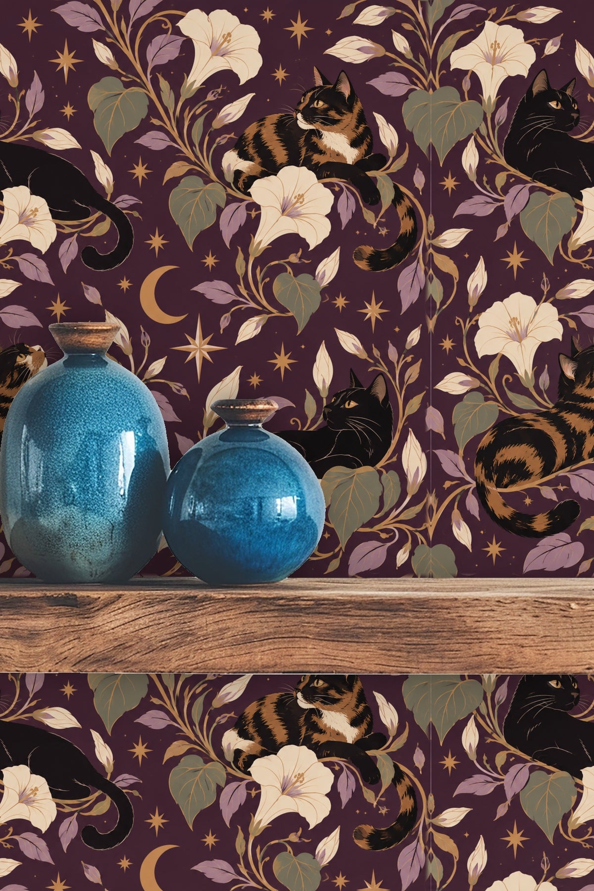Midnight Blooms & Feline Grace wallpaper shown in an interior setting