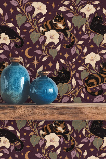 Midnight Blooms & Feline Grace wallpaper shown in an interior setting
