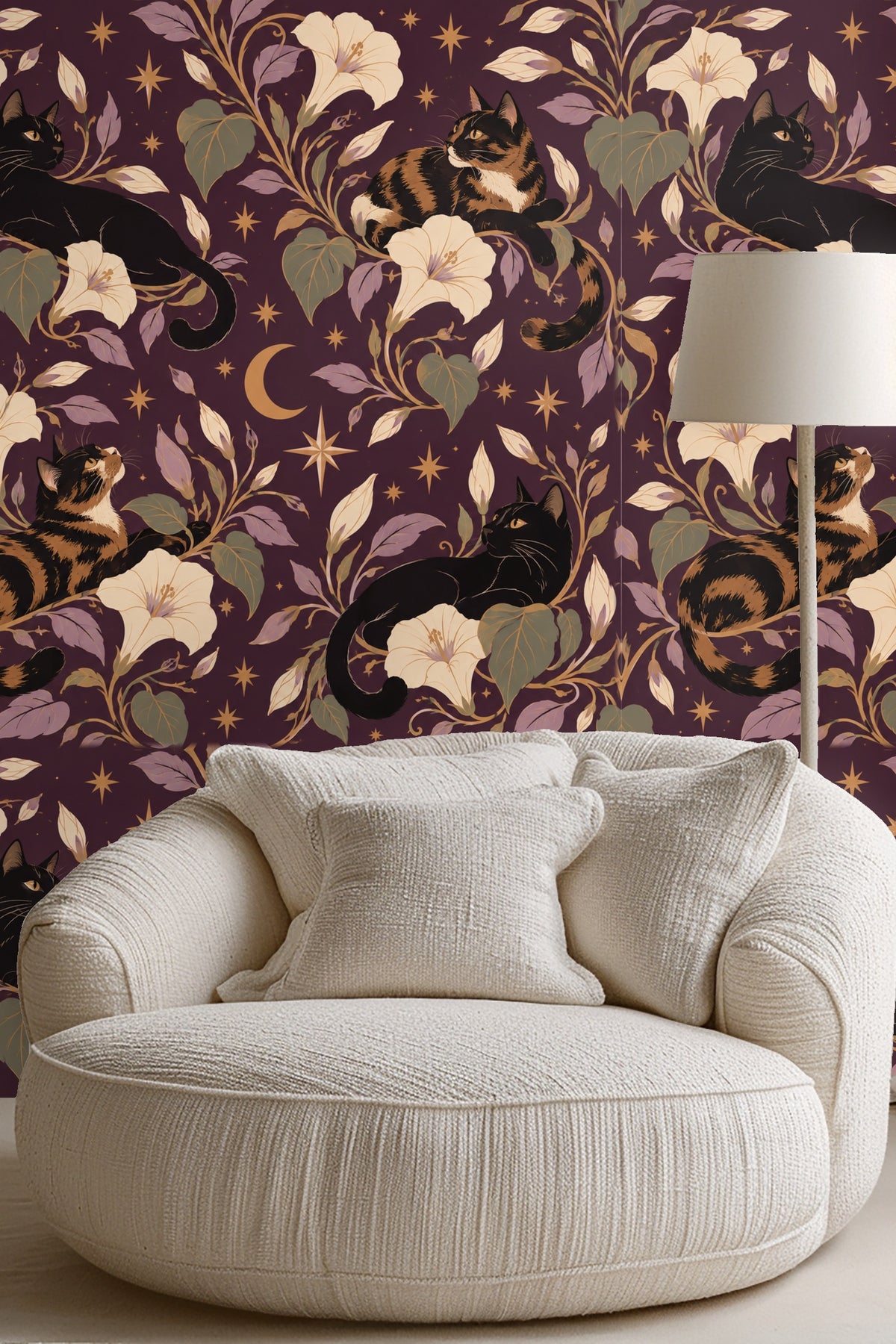 Midnight Blooms & Feline Grace wallpaper shown in an interior setting