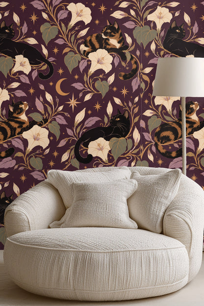 Midnight Blooms & Feline Grace wallpaper shown in an interior setting