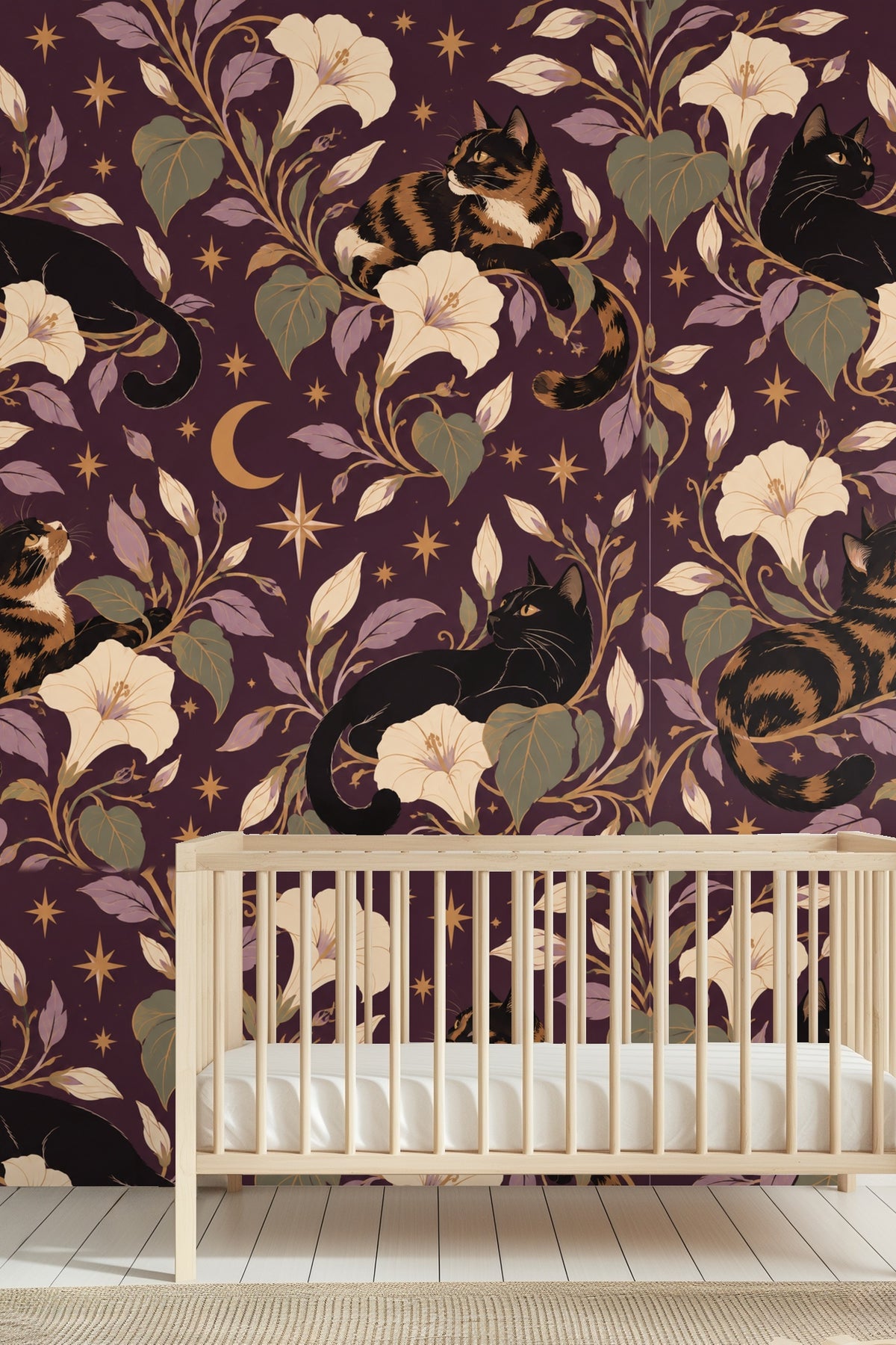 Midnight Blooms & Feline Grace wallpaper shown in an interior setting