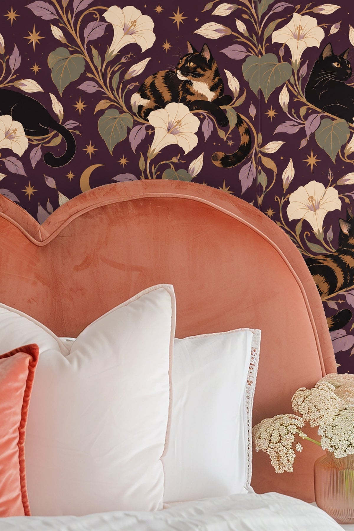 Midnight Blooms & Feline Grace wallpaper shown in an interior setting