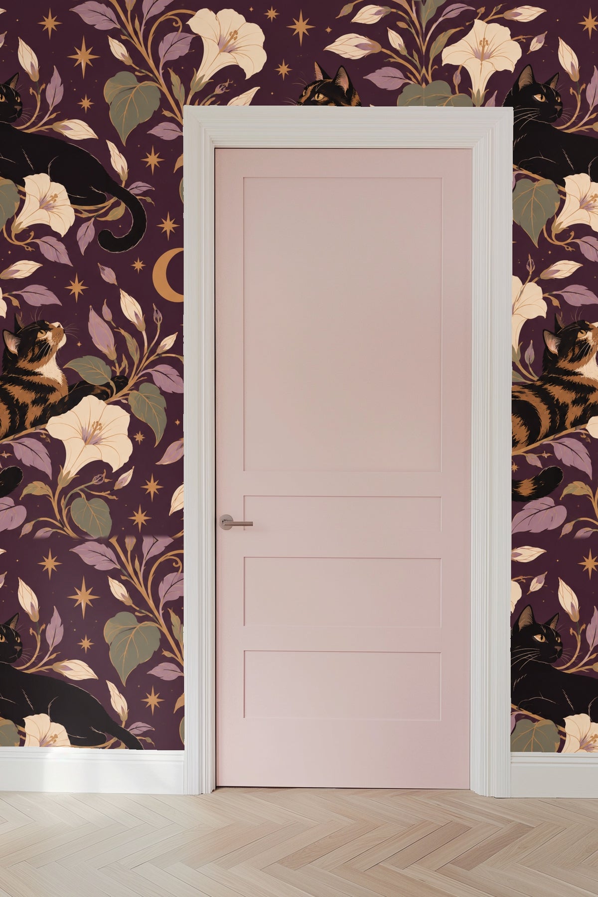 Midnight Blooms & Feline Grace wallpaper shown in an interior setting