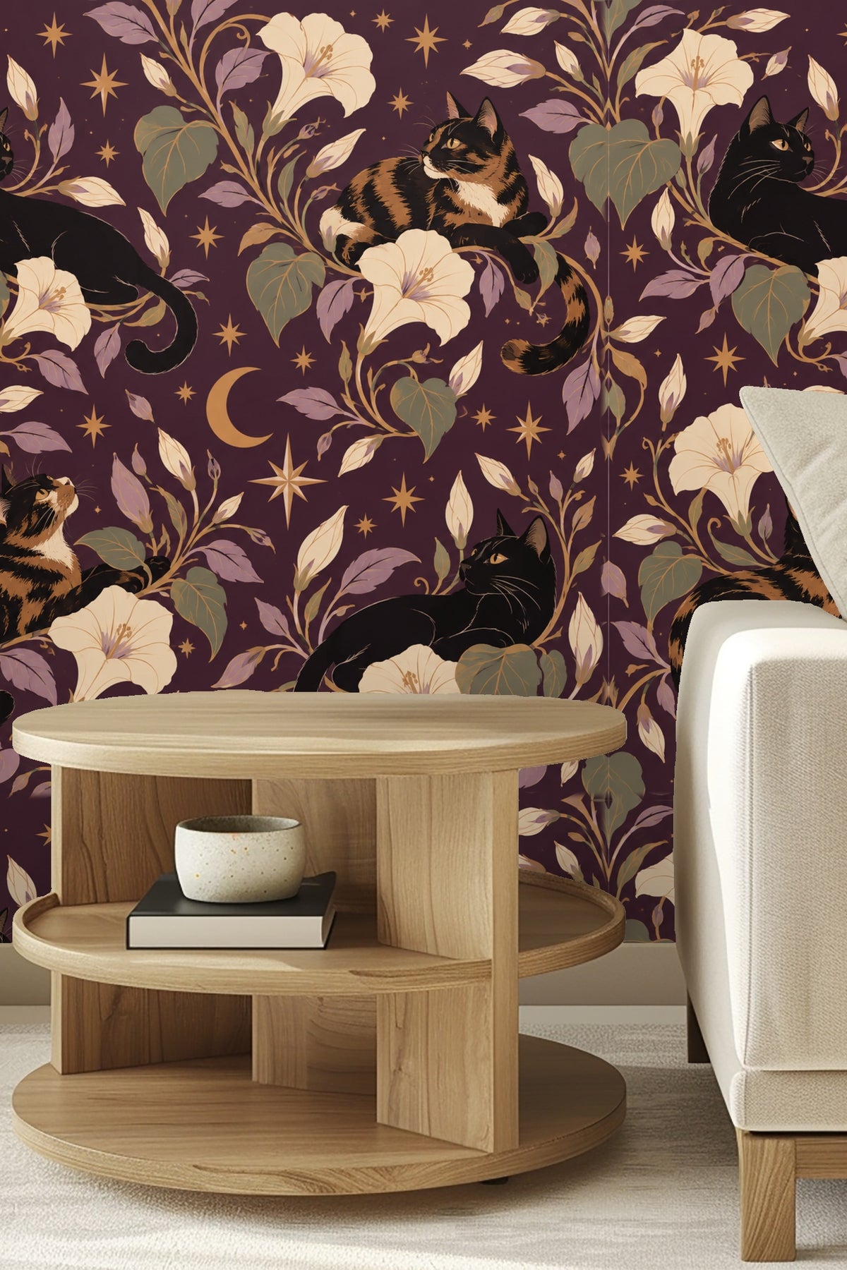 Midnight Blooms & Feline Grace wallpaper shown in an interior setting