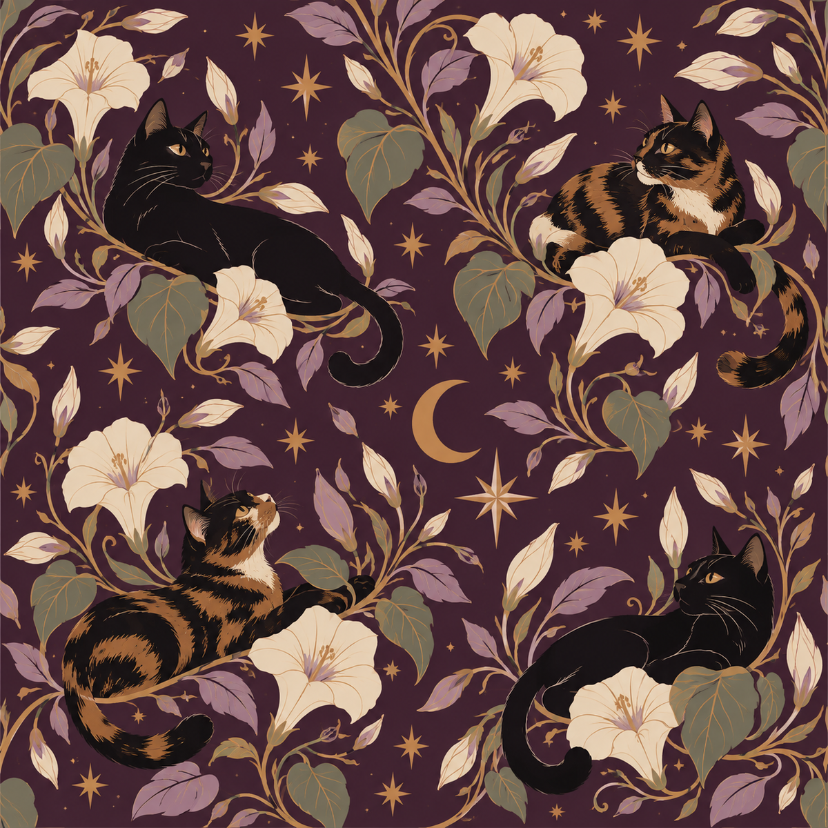 Midnight Blooms & Feline Grace wallpaper shown in an interior setting