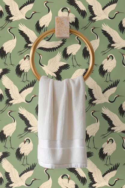 Close-up of crane feathers and black wing tips depicted in elegant wallpaper format.