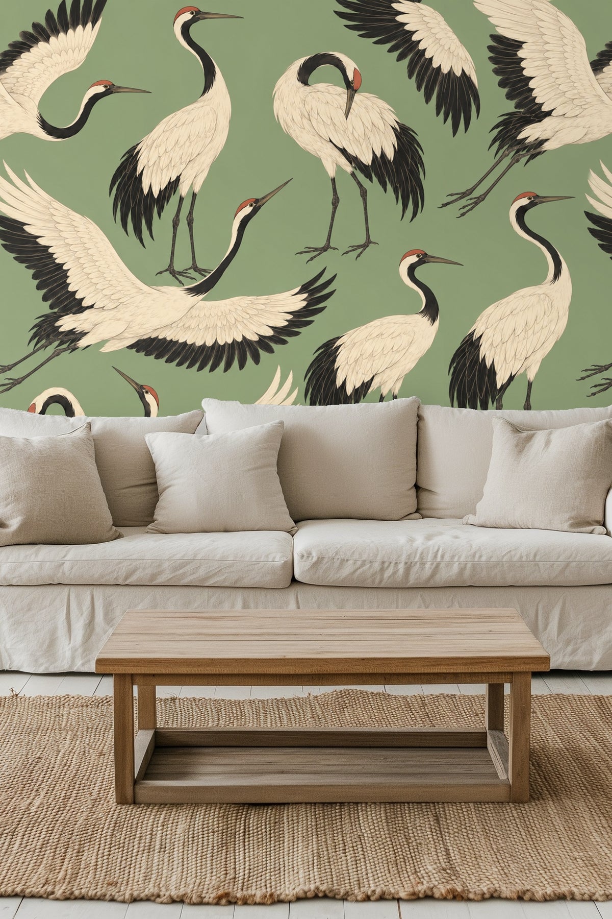 Close-up detail of white cranes with black wings and red crowns on sage green background wallpaper.