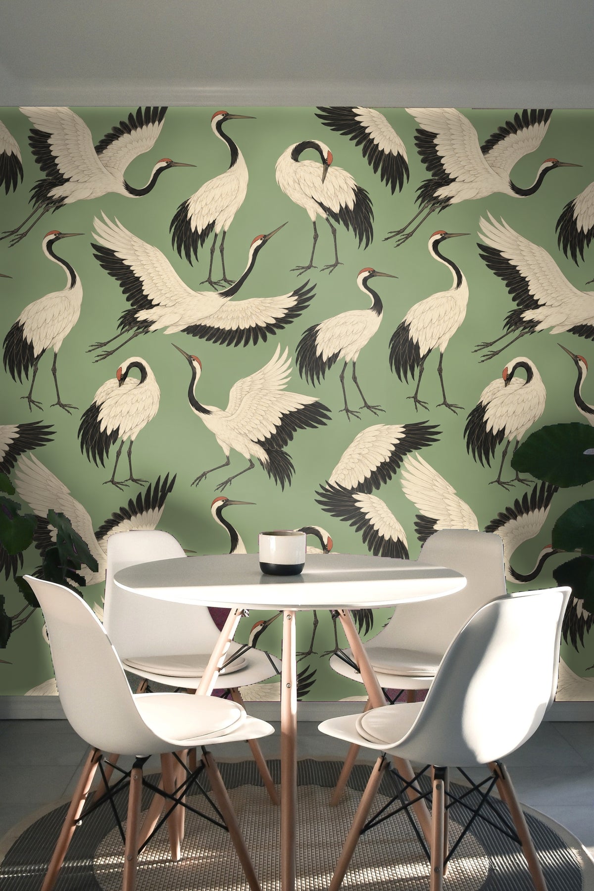 Detailed illustration of flying and standing cranes on harmonious green wallpaper surface.