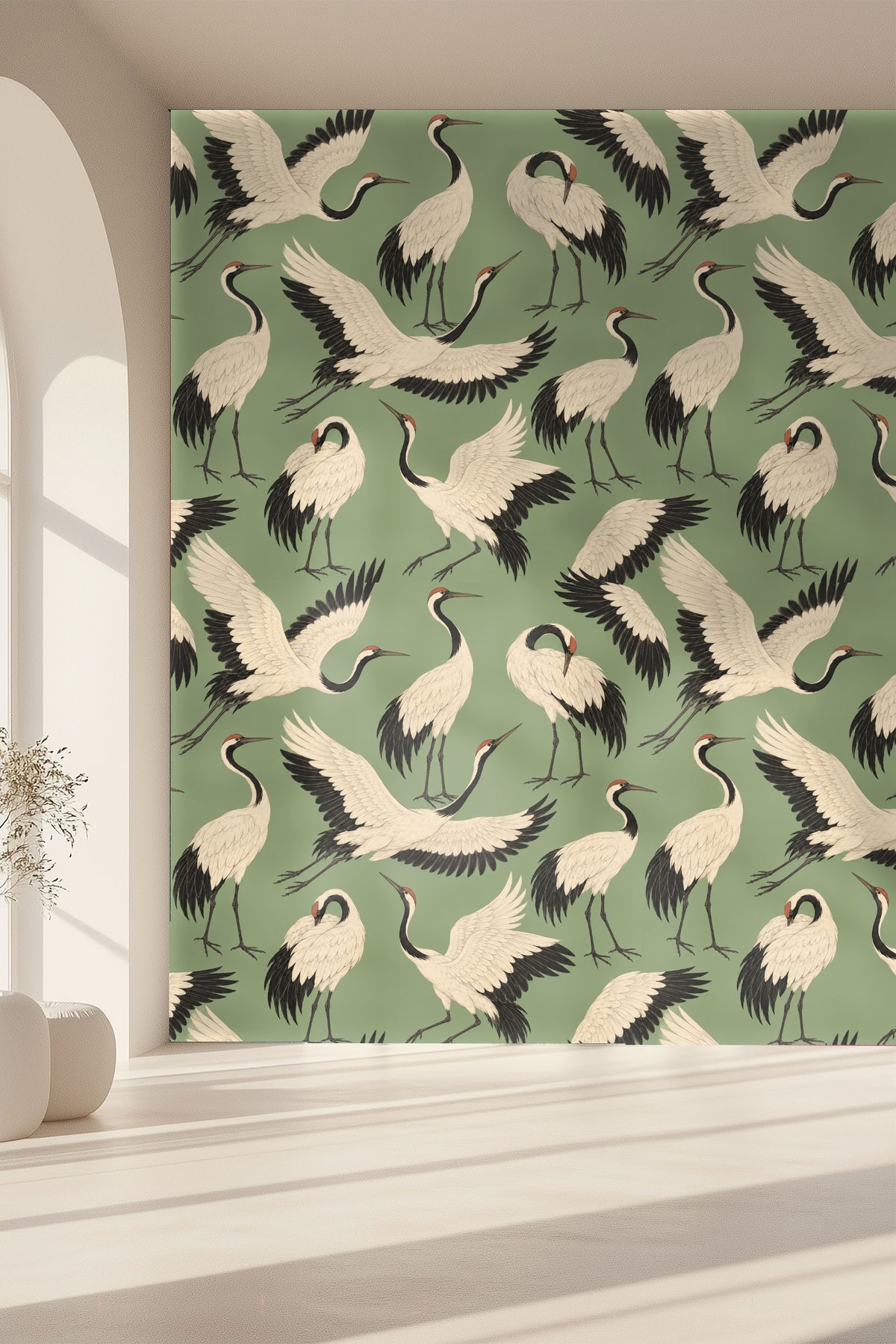 Wallpaper pattern repeat of cranes with intricate feather details on a soft green field.