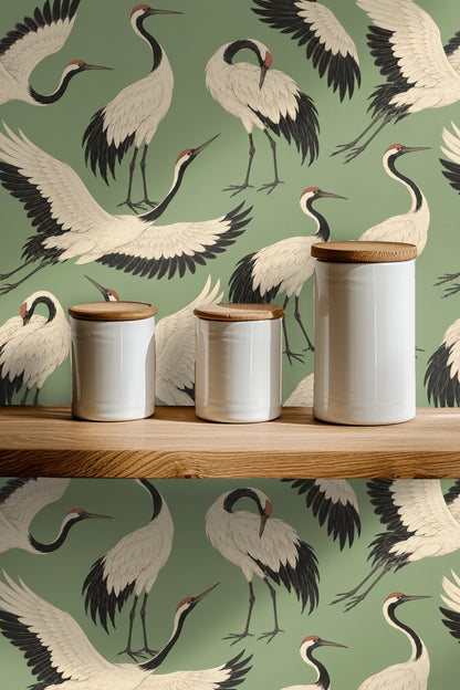 Stylish living area with accent wall covered in crane wallpaper emphasizing nature-inspired decor.