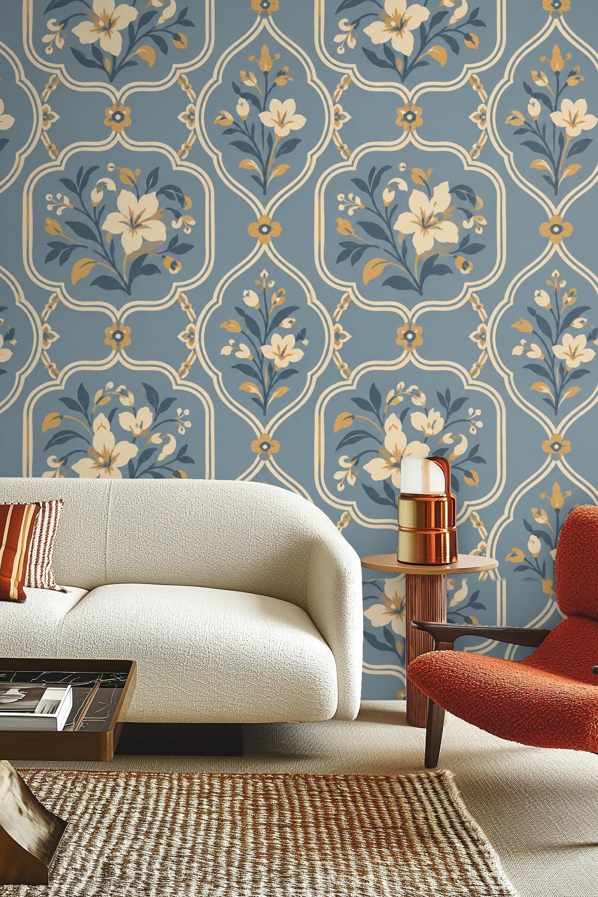 Section of wallpaper showing repeating floral medallion pattern with cream and gold outlines