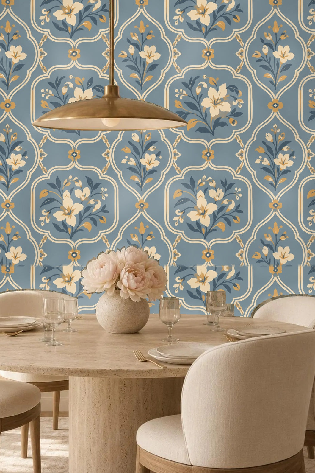 Shelving and towels placed against blue floral wallpaper background