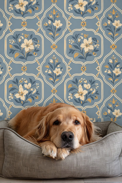 Blue wallpaper with mid-century stylized floral medallions featuring lilies and small flowers