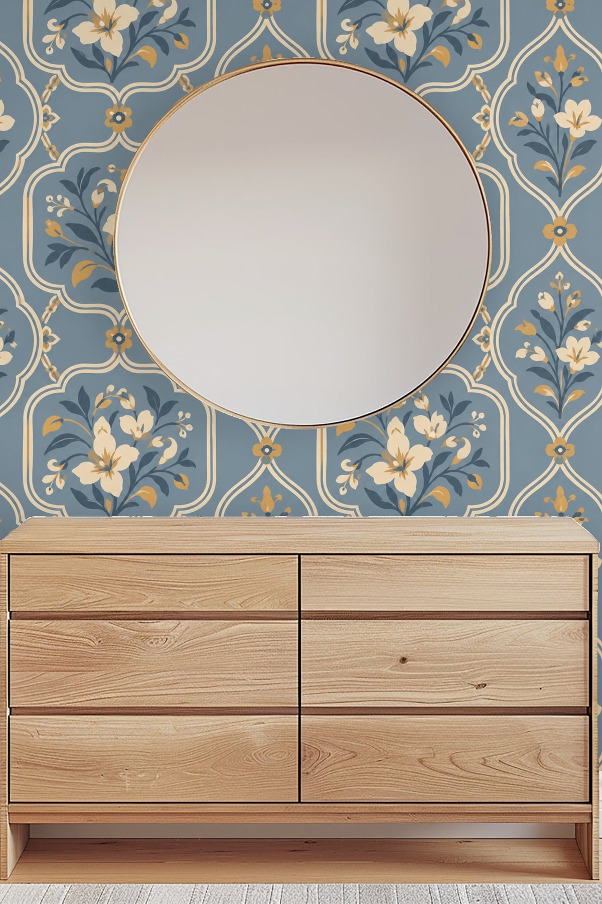Muted gold and dark blue painted leaves on wallpaper