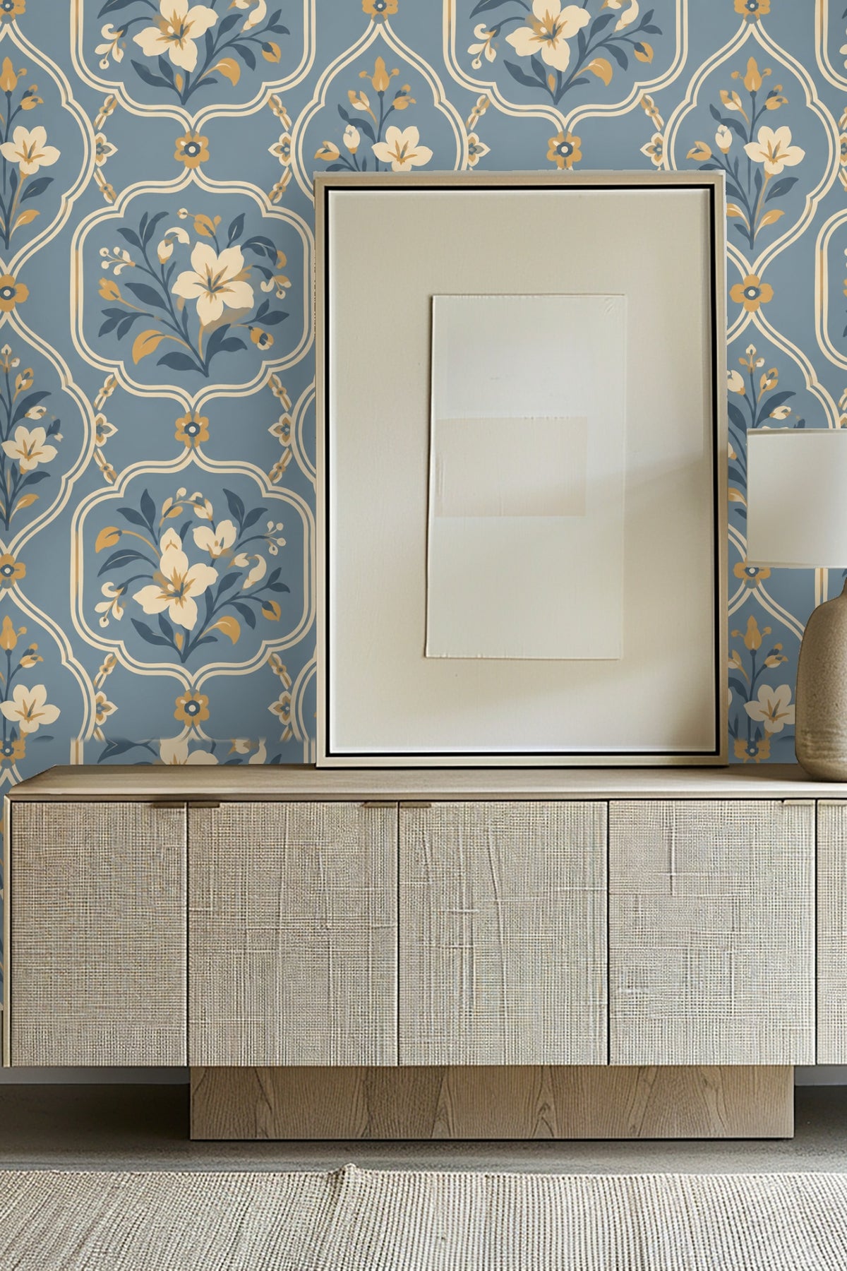Laundry room interior with white washer/dryer under wooden shelving and blue floral medallion wallpaper