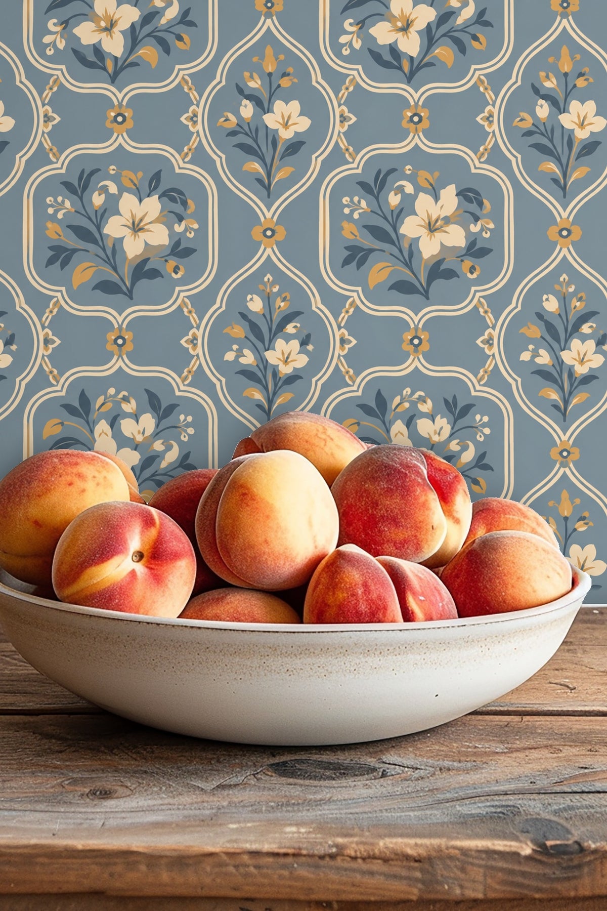 Room corner with floral wallpaper in soft blue and muted gold