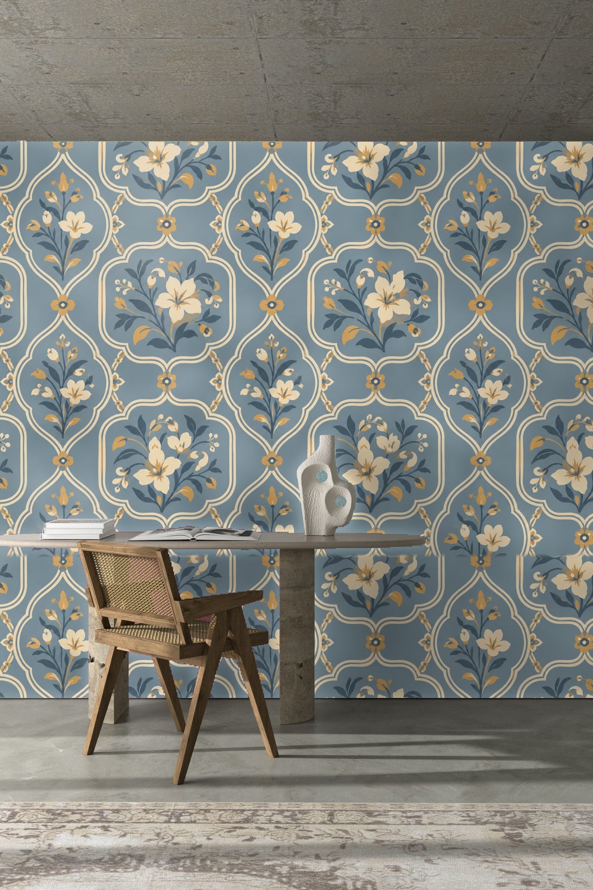 Side angle of floral patterned wallpaper on a wall