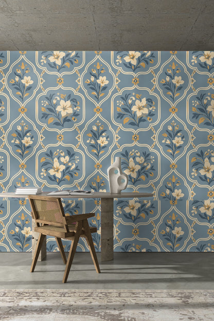 Side angle of floral patterned wallpaper on a wall