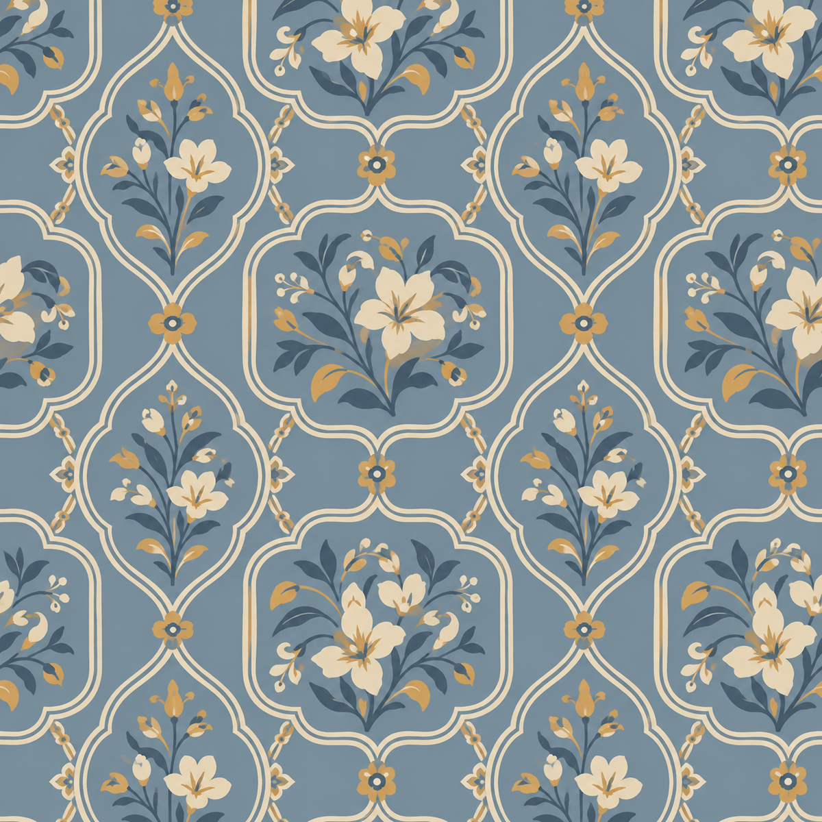 Wall detail showing small floral connectors between medallions