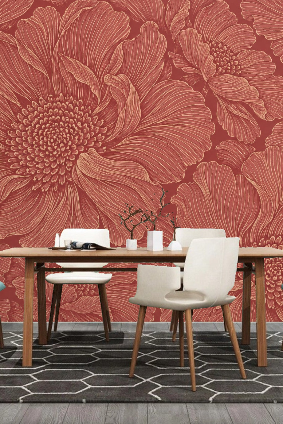 Floral wallpaper magnified to show fine line detail and petal textures