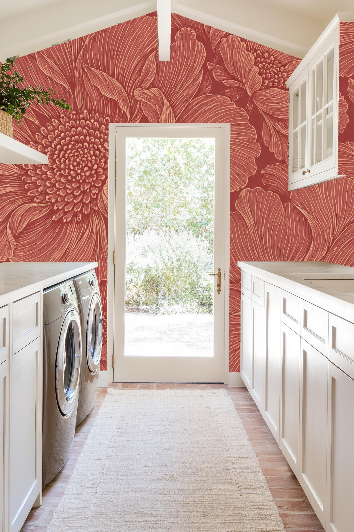 Subtle shifting of petal shapes and outlines on bold warm red backdrop