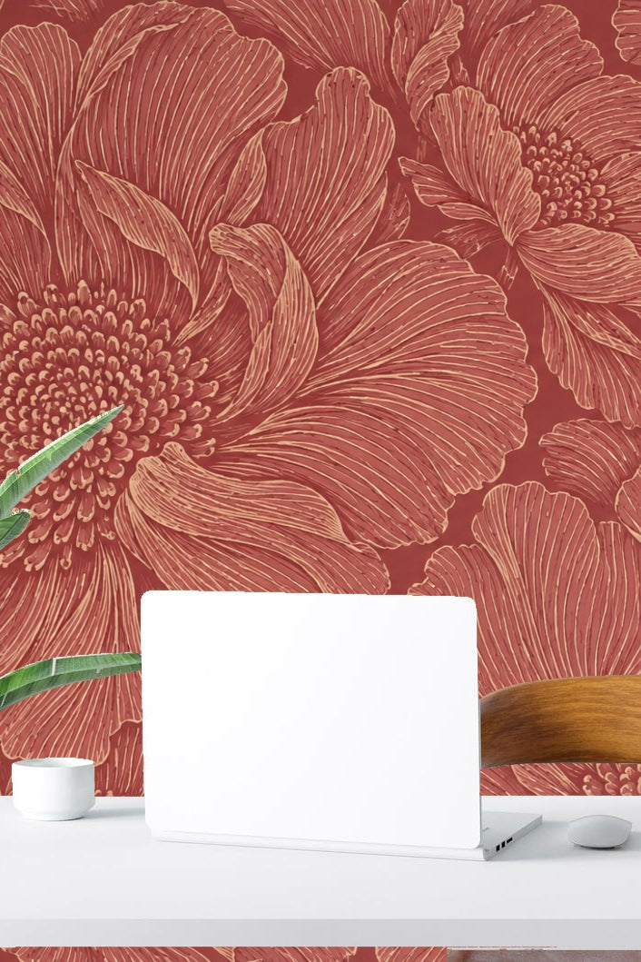 Hand-drawn style flowers in rich reddish tones repeating across wallpaper