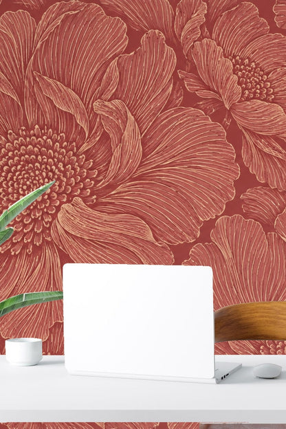 Hand-drawn style flowers in rich reddish tones repeating across wallpaper
