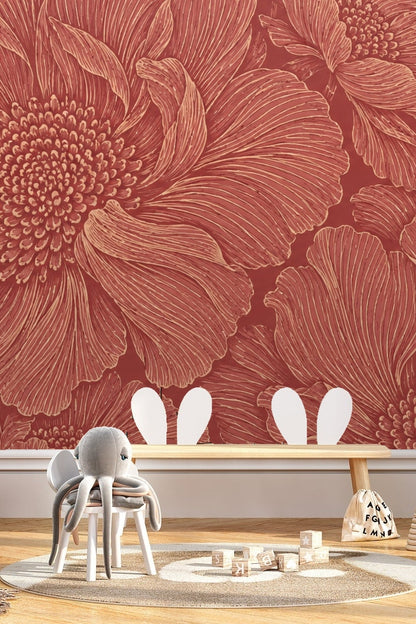 Large outlined flowers with densely packed petals on rust-colored background