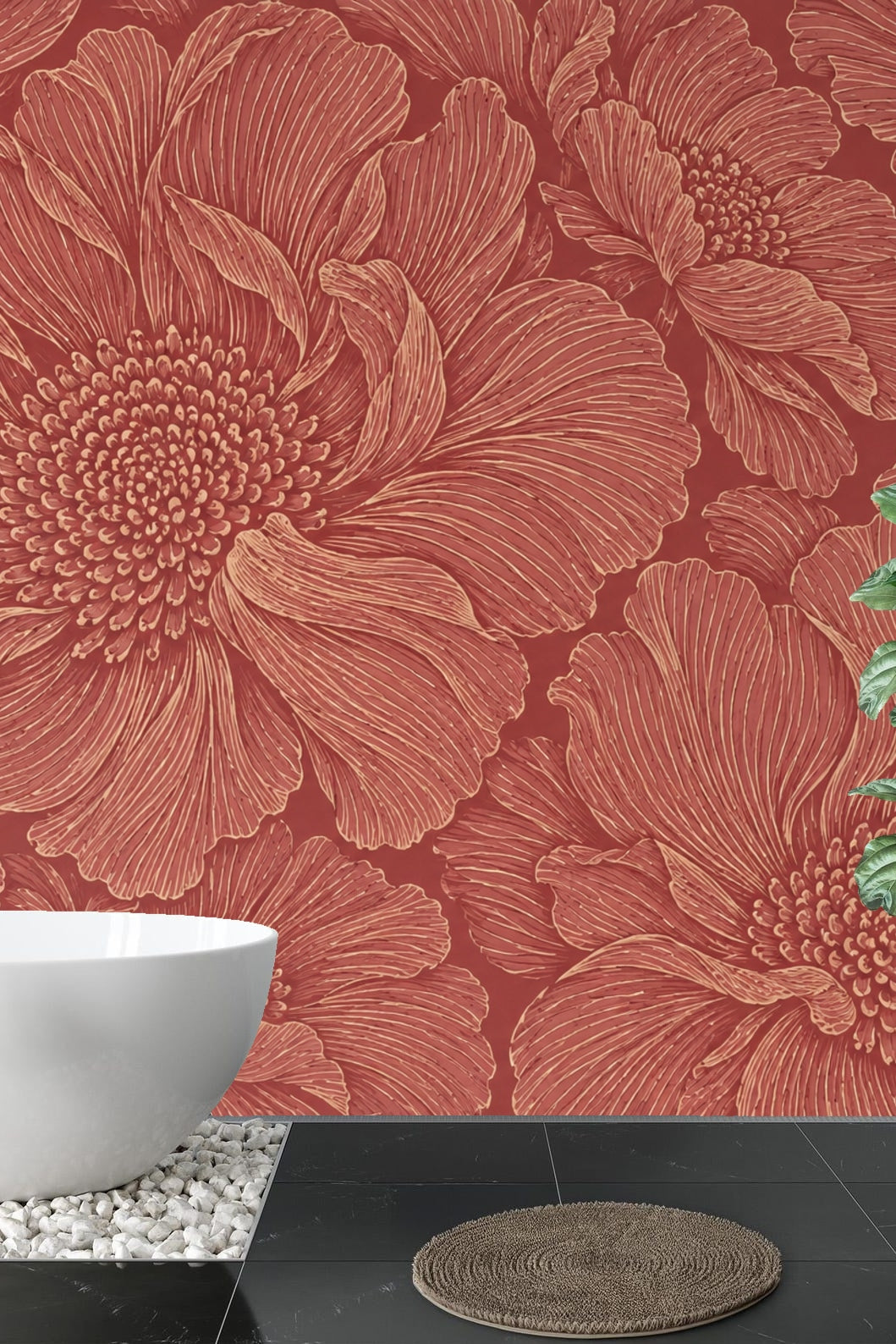Room setting showcasing floral wallpaper behind minimalist decor