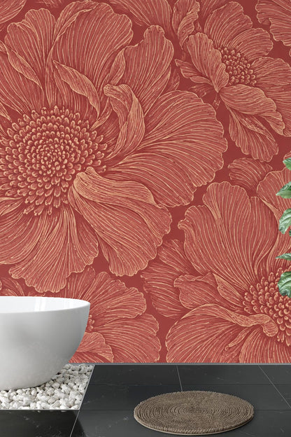 Room setting showcasing floral wallpaper behind minimalist decor