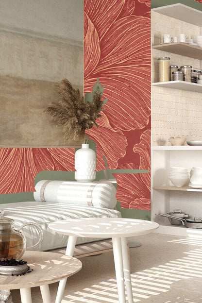Vintage style floral wallpaper pattern detailed in warm rust and red hues with intricate petal lines