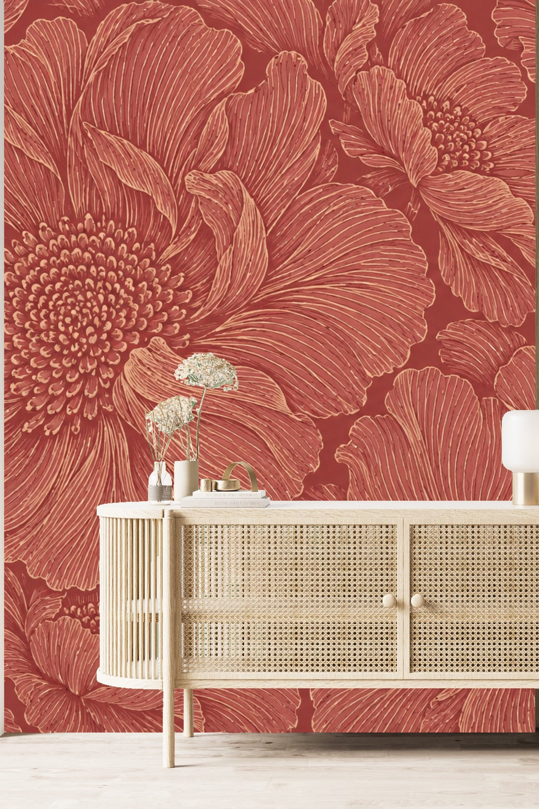 Pattern showing close clustering of large flowers in line art on warm colored wall