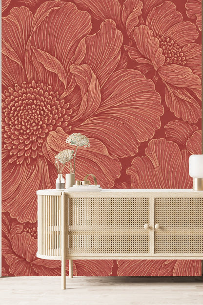 Pattern showing close clustering of large flowers in line art on warm colored wall