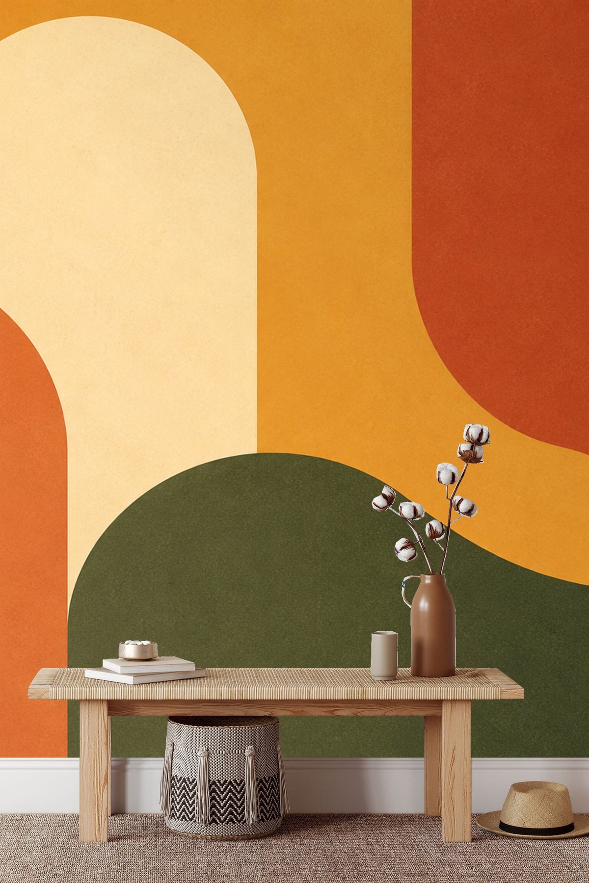 Close-up of wall mural showing textured appearance of layered arches and curves.