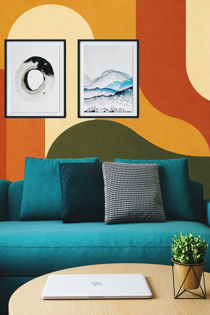 Room shot with mural wallpaper highlighting the interplay of shapes and color blocks.