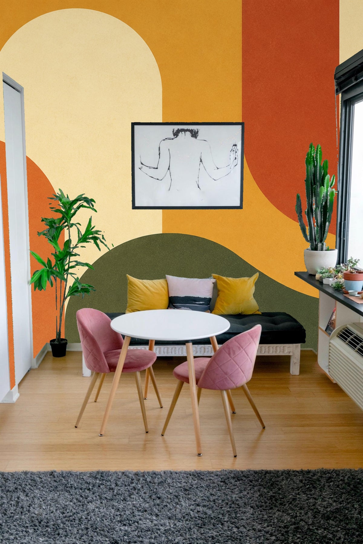 Partial view of wallpaper artwork showing overlapping curved shapes and warm earthy colors.