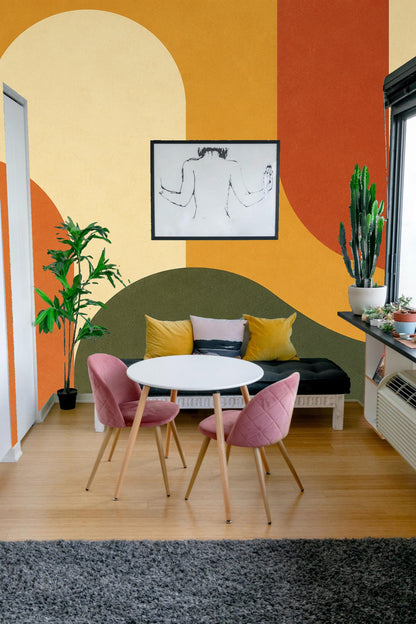 Partial view of wallpaper artwork showing overlapping curved shapes and warm earthy colors.