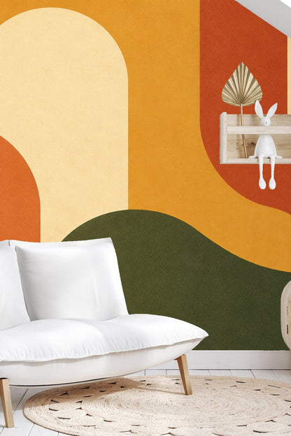 Living space featuring the mural as a backdrop for modern furnishings and soft lighting.