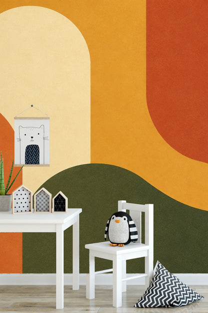 Interior view showing wallpaper mural coordinating with light wooden furniture and white accents.