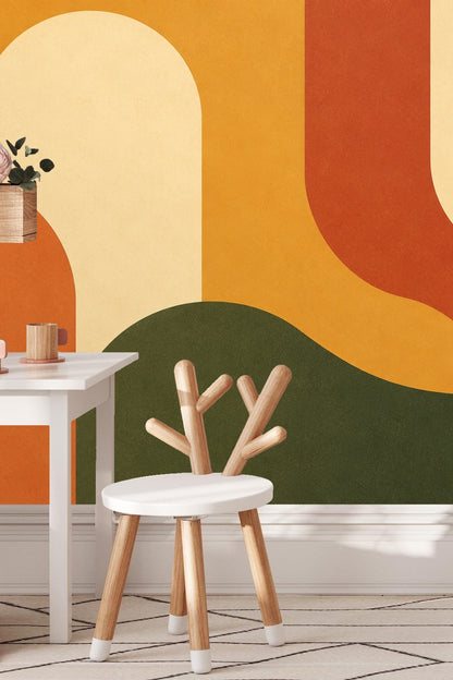 Abstract wallpaper artwork with large arches in terracotta, ochre, olive, and beige tones.
